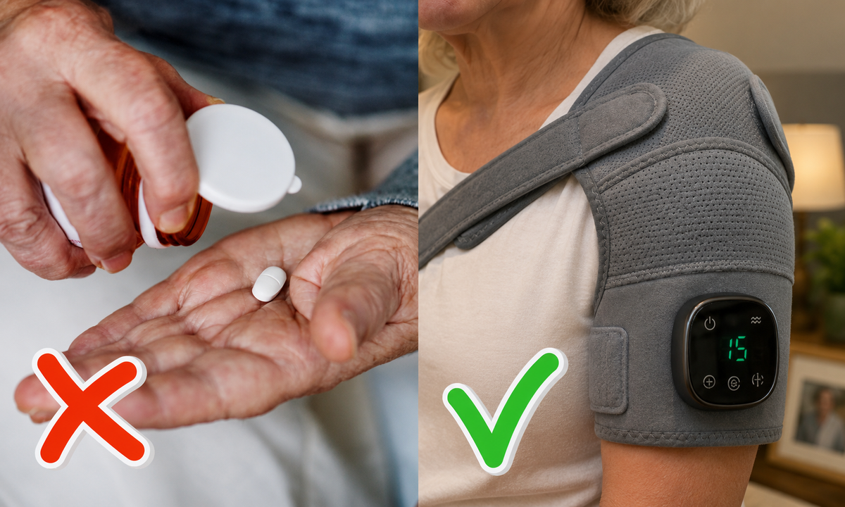 Split: blister pack of painkillers with a red ✕ | Mendable on the shoulder with a green ✓.