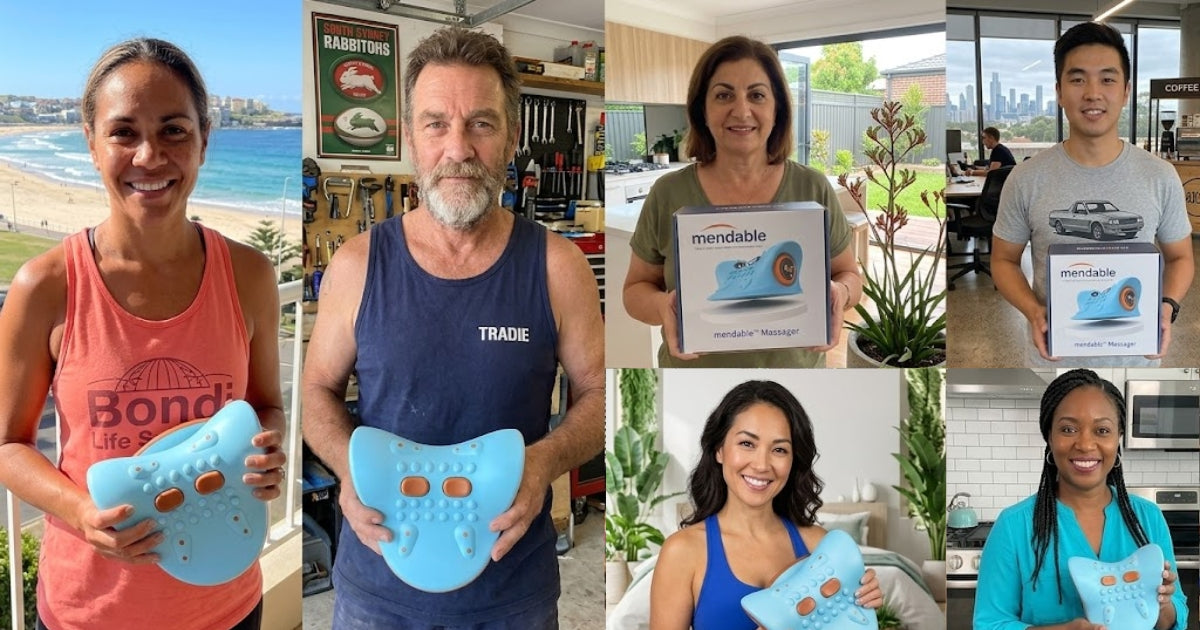 Mosaic of six phone-camera photos of Australians using the Cradle at home