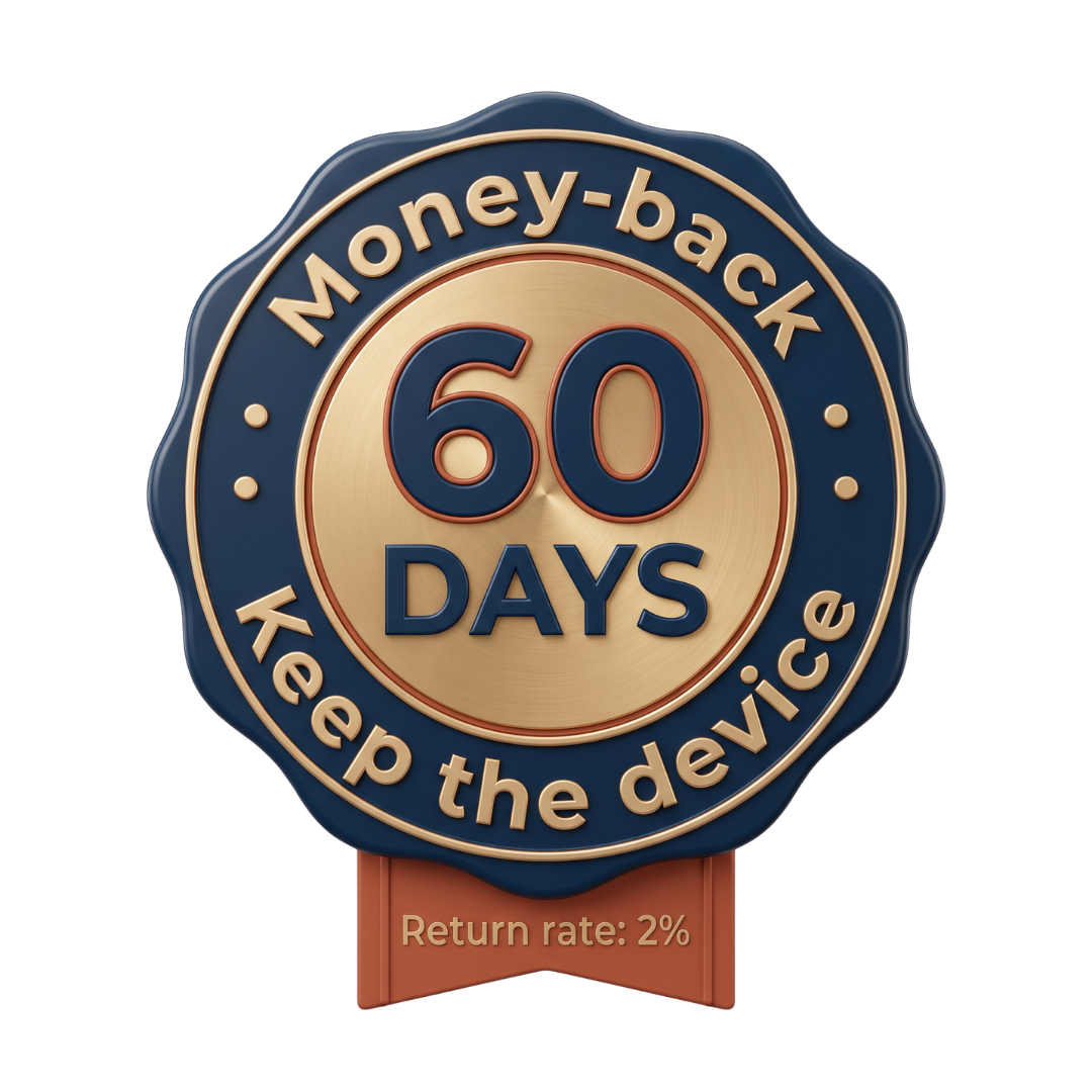 Circular 60-day money-back seal with the words keep the device