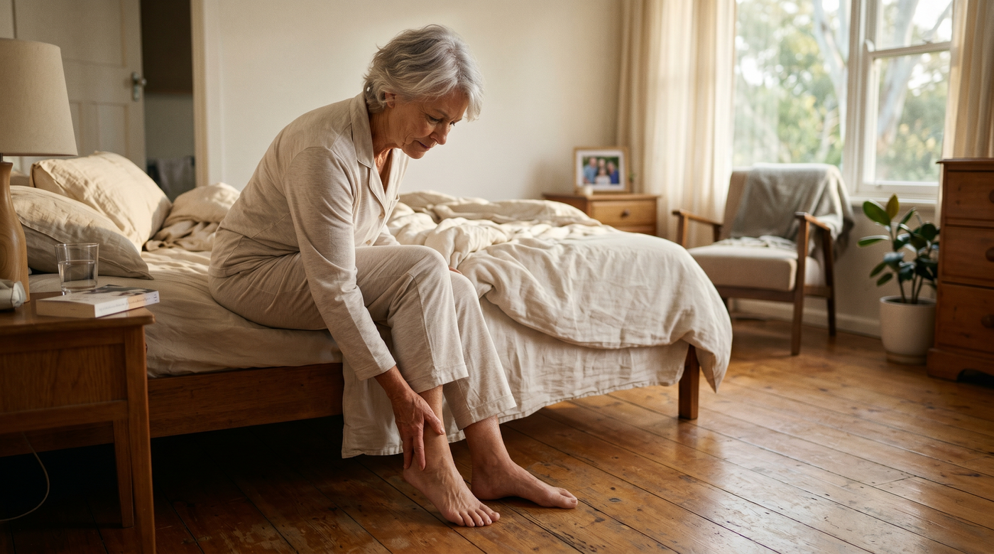 [PLACEHOLDER — older Australian sitting on the edge of the bed of a morning, reaching for their feet. Warm, natural daylight, real AU home.]