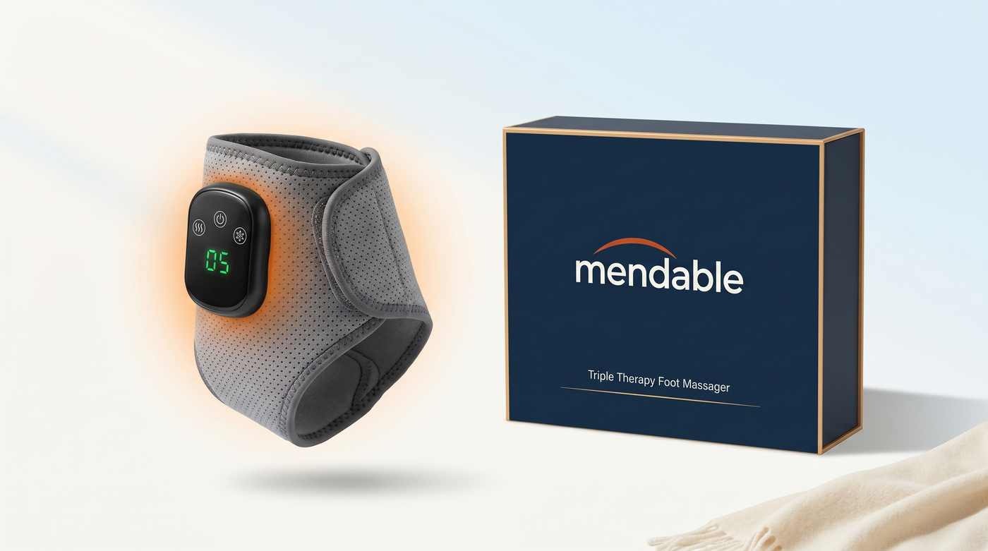 [PLACEHOLDER — PRODUCT hero: Mendable foot massager + premium box, Mendable cream/navy styling. Loop GIF of it switching on.]