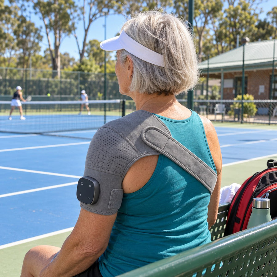 Woman wearing the Mendable Shoulder wrap on a bench beside a tennis court