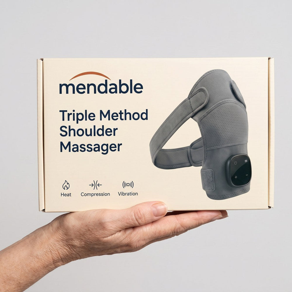 Hand holding the Mendable Shoulder box