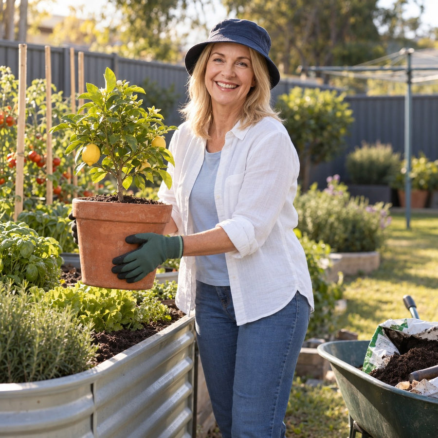 Woman in a straw hat planting in her garden bed