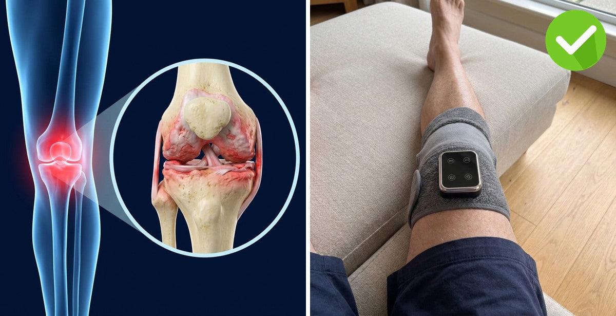 Inflamed knee joint illustration and Mendable Knee wrap worn on a knee
