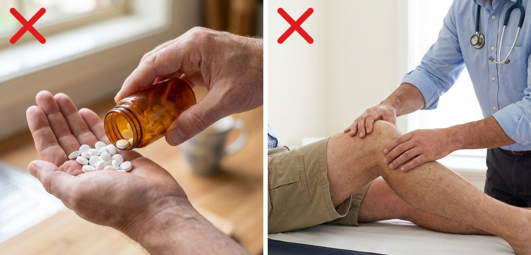 Tablets tipped into a hand and a GP examining a knee
