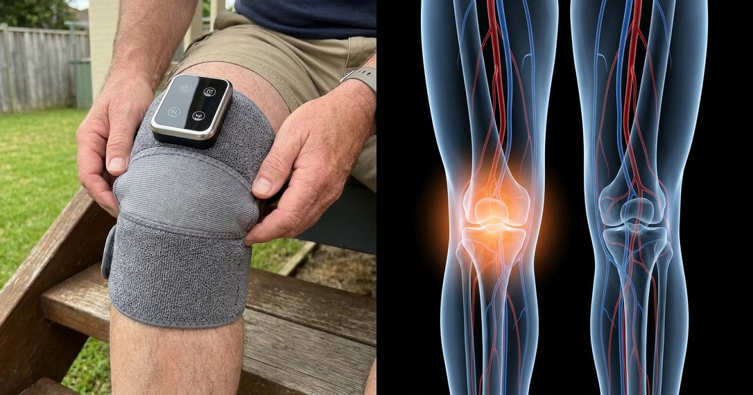 Man wearing the Mendable Knee wrap and an illustration of blood vessels in the legs