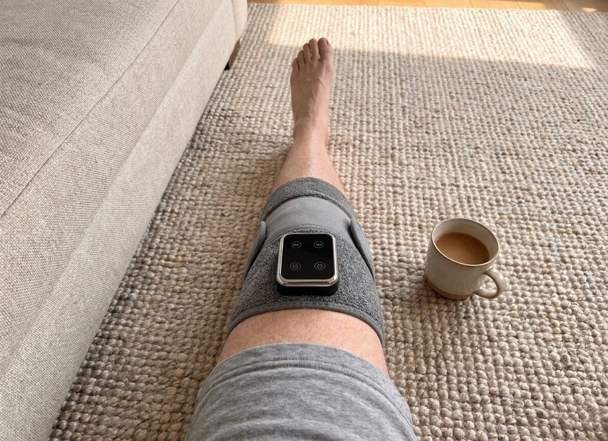 Mendable Knee wrap on a knee during a session on the living room rug