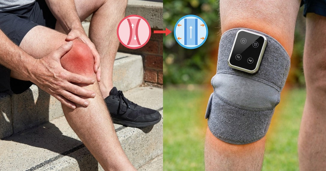 Sore swollen knee and the Mendable Knee wrap with a warm glow
