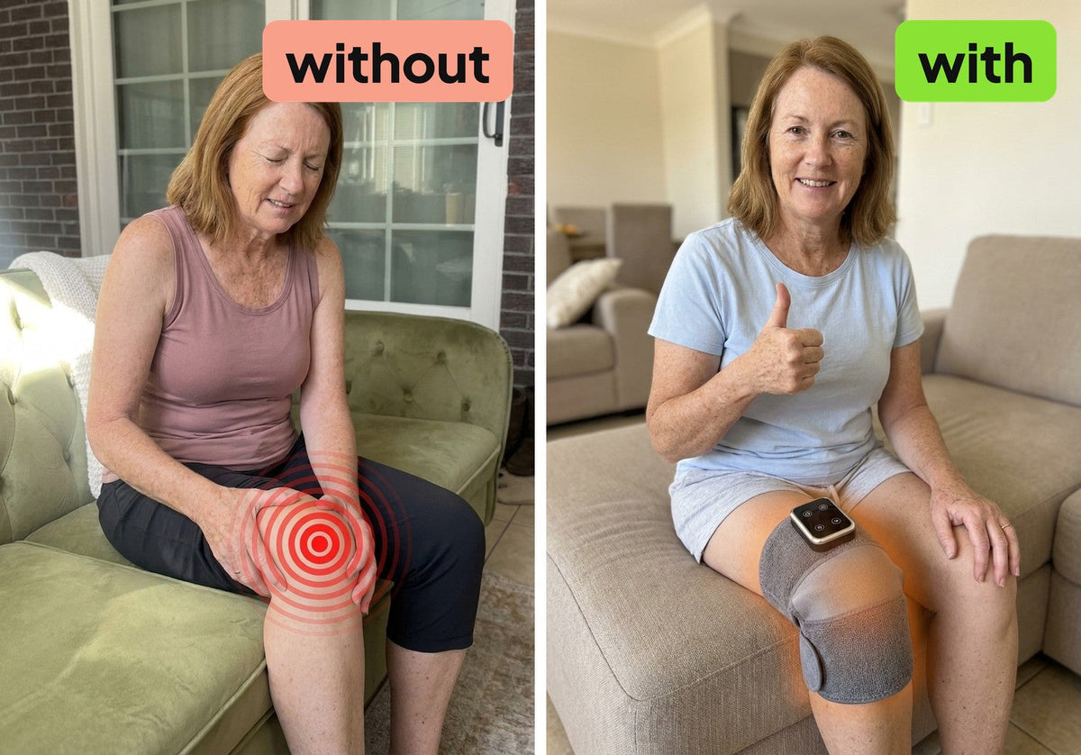 Woman without and with the Mendable Knee wrap