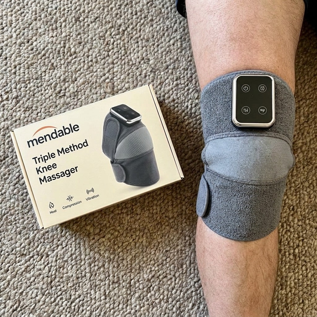 Mendable Knee box next to a knee wearing the wrap