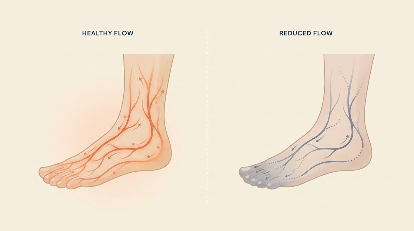 [PLACEHOLDER — calm illustration: healthy foot circulation vs reduced foot circulation, on cream background]