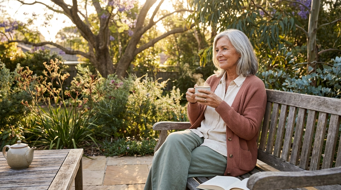 Margaret Wilson sitting in her backyard garden in Castle Hill, NSW, smiling naturally while holding a cup of tea
