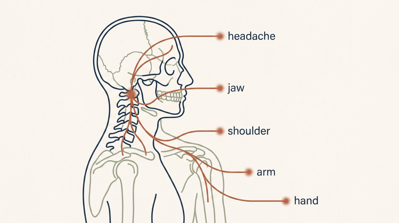 Anatomical illustration of the cervical spine with five traces to temple, jaw, shoulder, arm and hand
