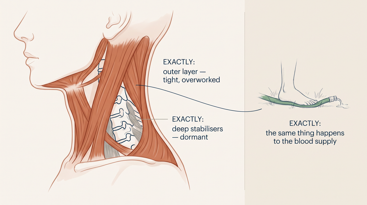 Cross-section of the neck showing a tight outer muscle layer and dormant deep stabilisers, with a garden-hose inset