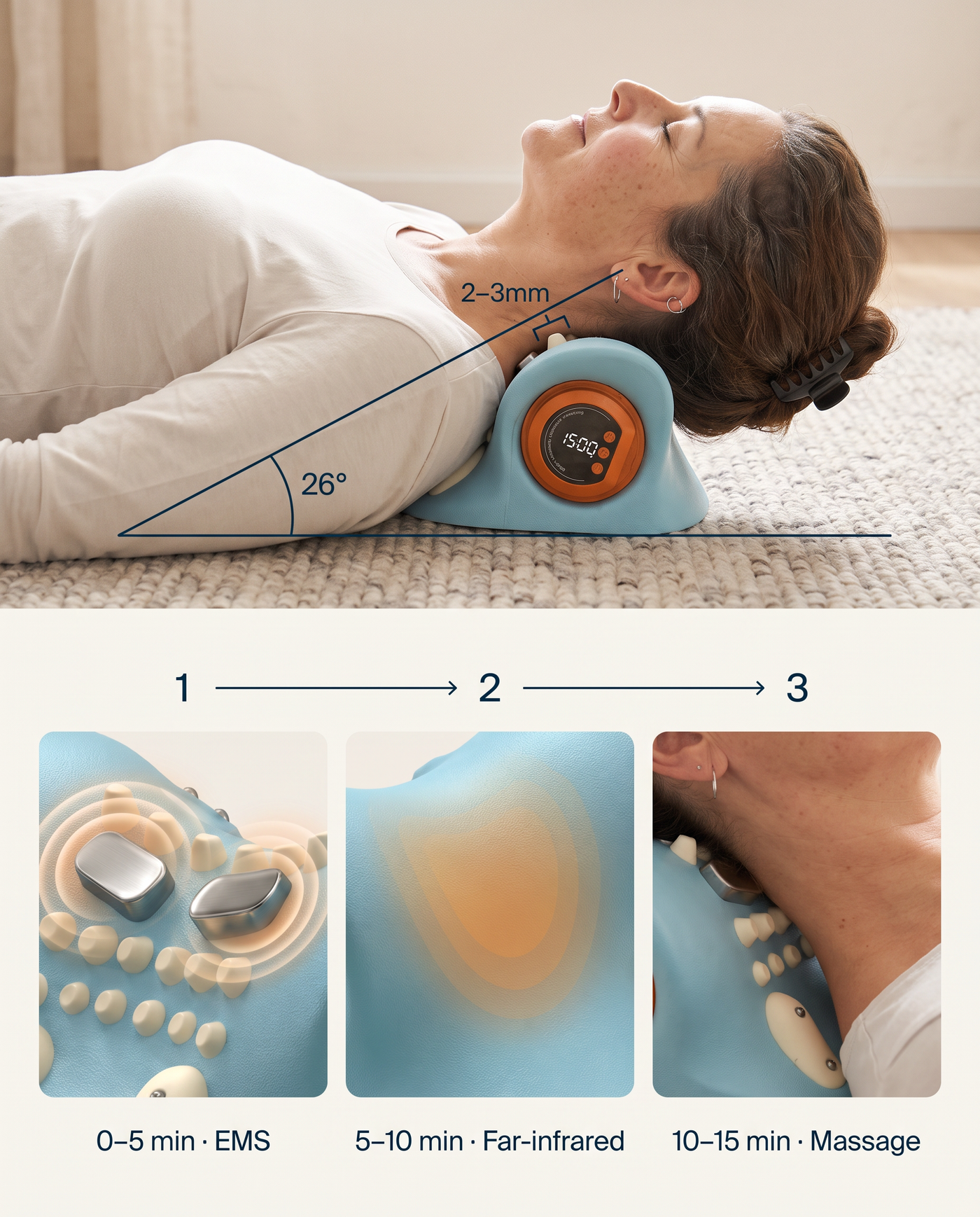 The Cradle in profile with a 26-degree overlay and three numbered panels for EMS, far-infrared heat and massage