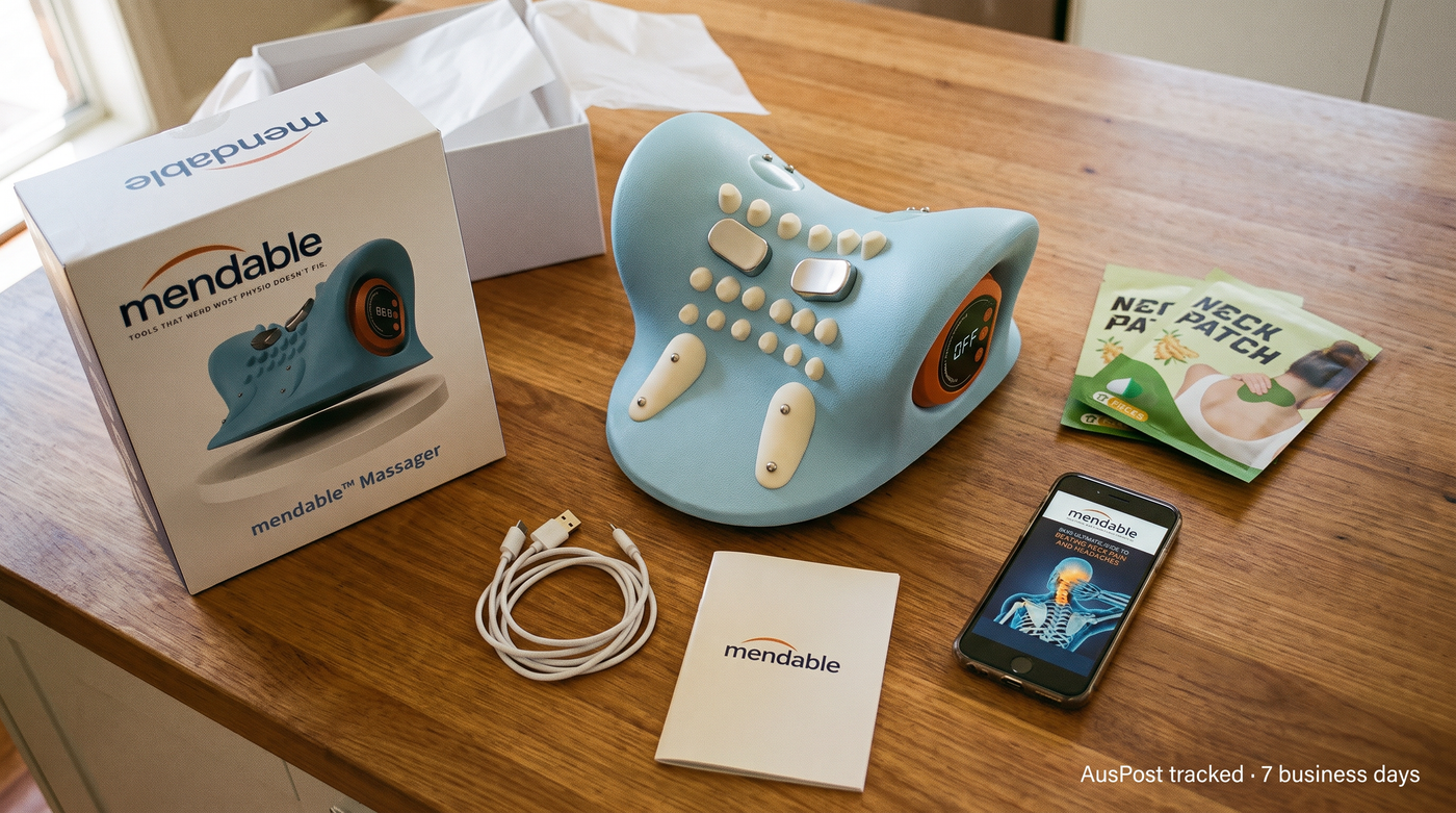 Overhead flat lay of the Cradle, charging cable, manual, box and three recovery extras