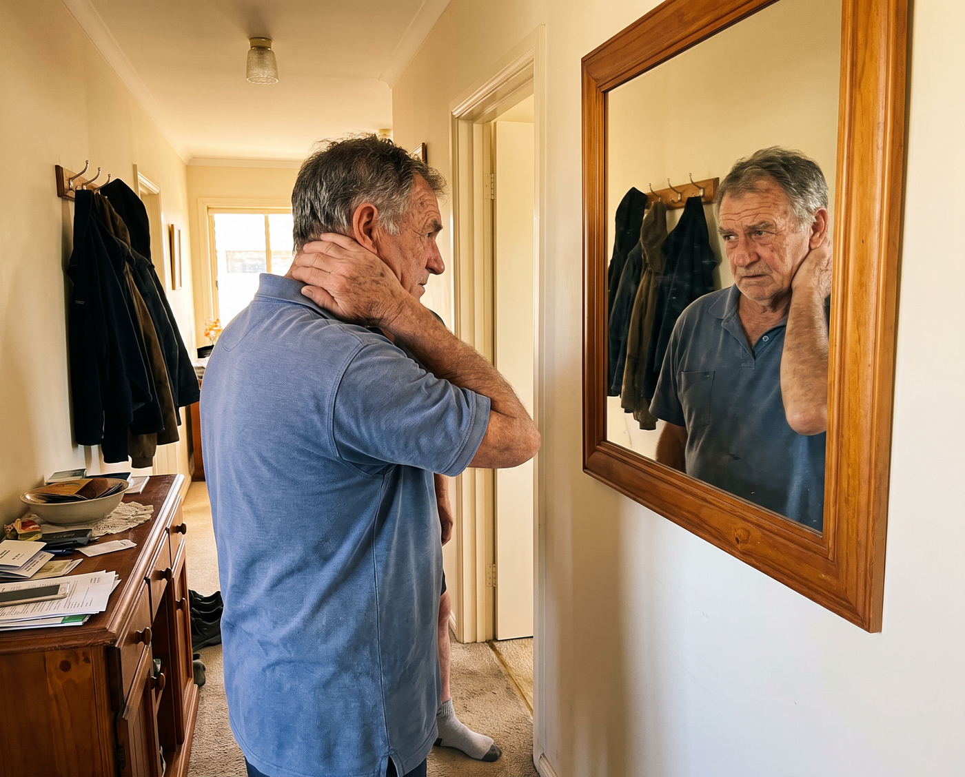 Australian in their fifties at the hallway mirror, one hand at the base of the skull