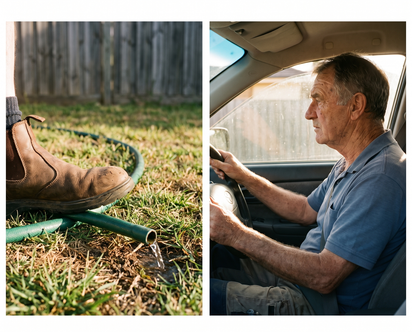 Split photo of a boot on a garden hose and a person with their head forward of their shoulders