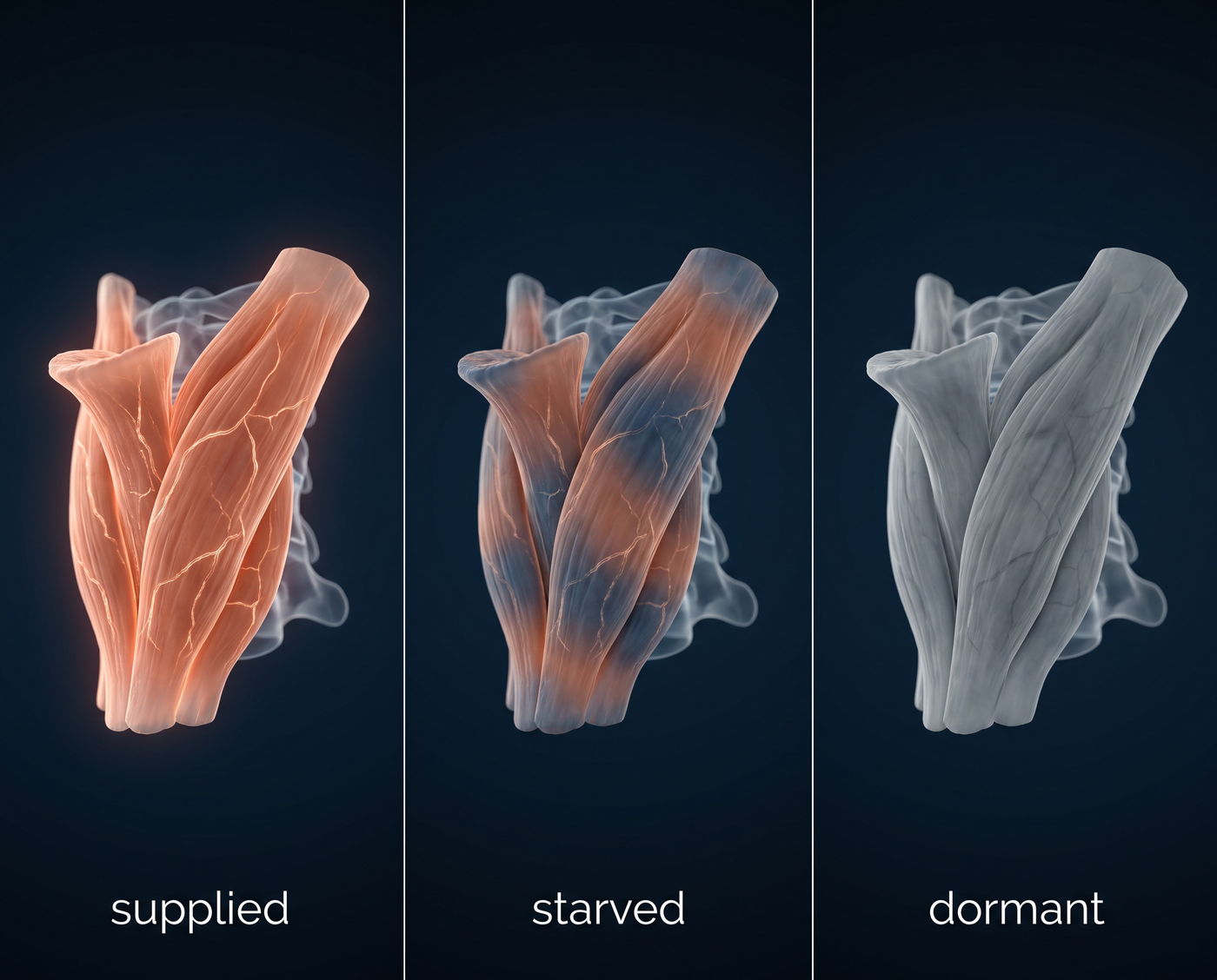 Three panels showing deep tissue fading from supplied to starved to dormant
