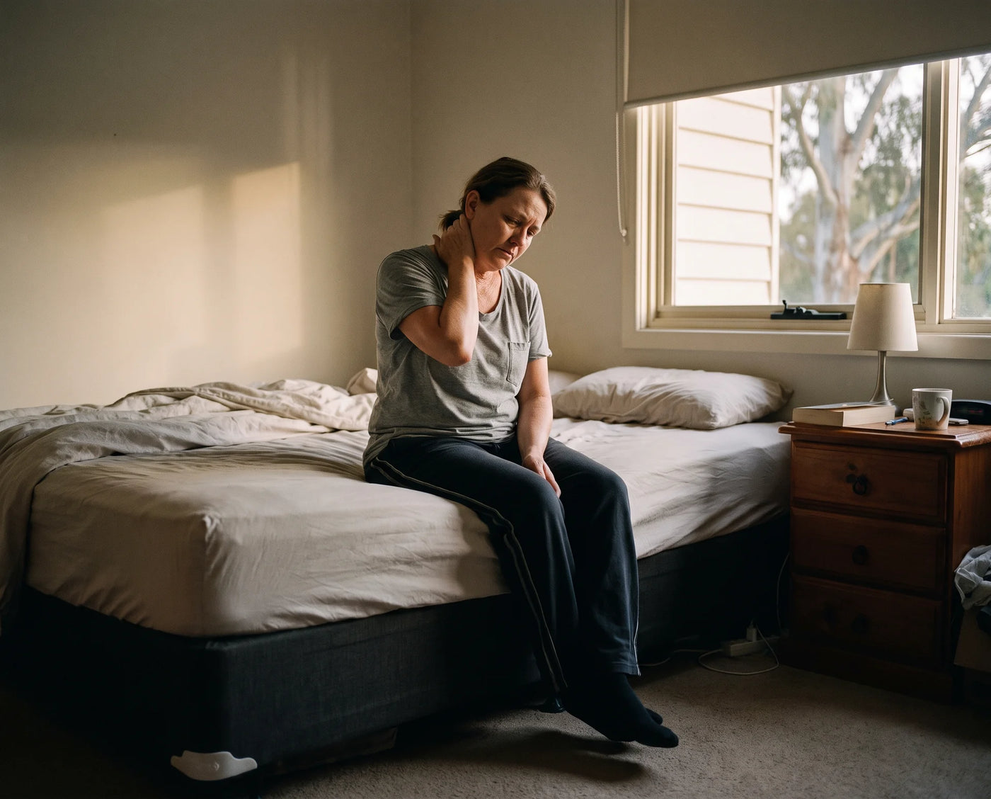Australian woman in her early fifties sitting on the edge of a bed, one hand at the base of her skull
